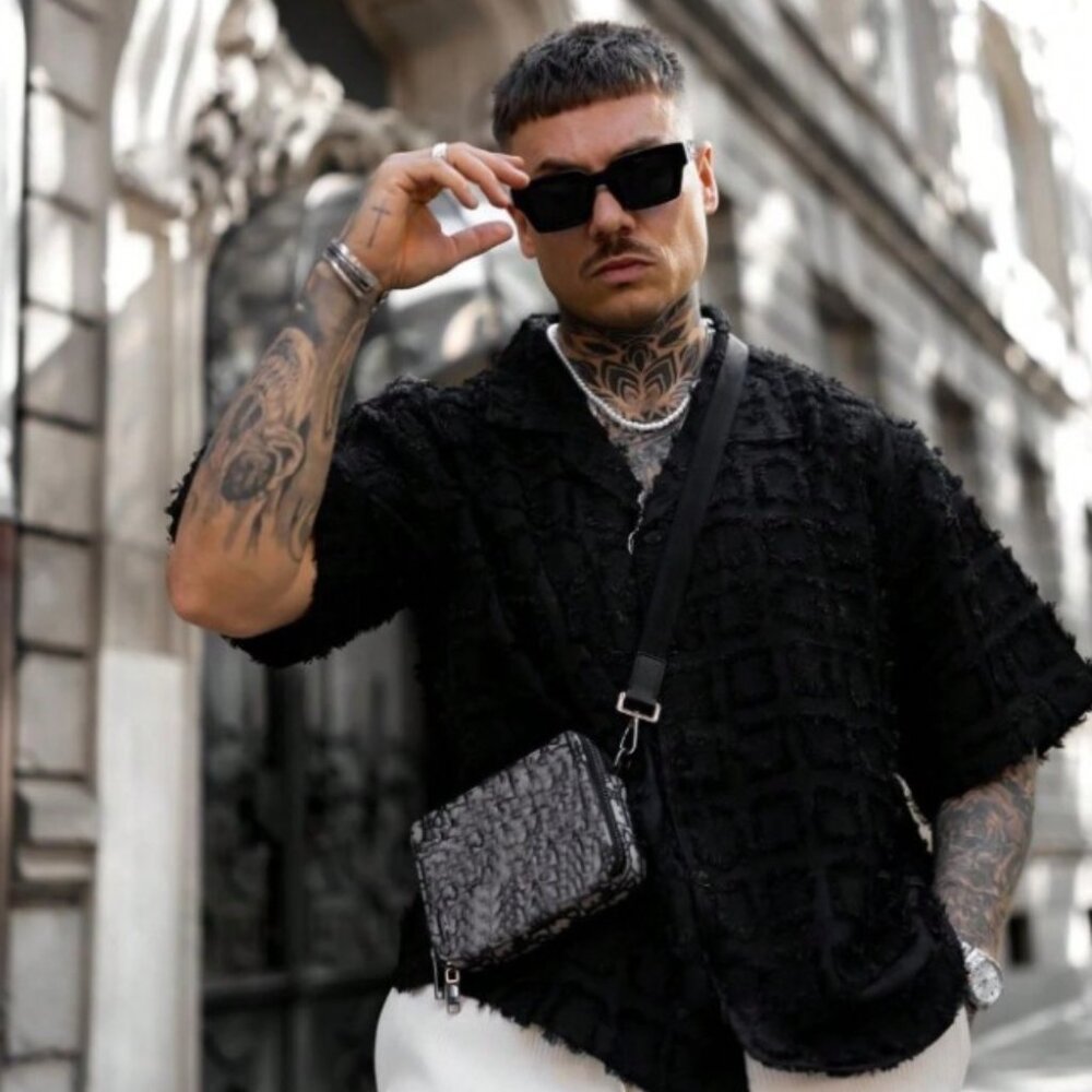 Black Short Sleeve Button Down Tassel Trim